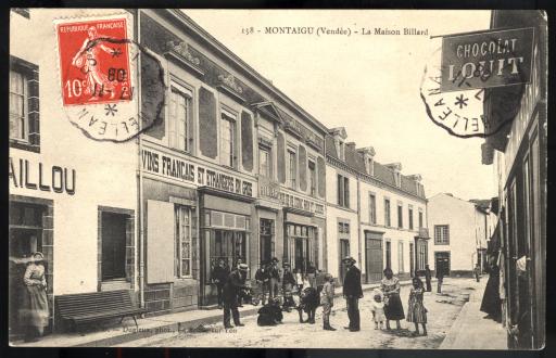 La maison Billard : le magasin situé avenue Villebois-Mareuil et son enseigne "Vins français et étrangers en gros, eaux de vie, cognac, rhum et liqueurs" (vue 1), la réclame de cette distillerie (recto-verso, vues 2-3).
